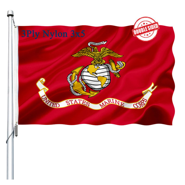US Marine Corps USMC Military Flag 3x5 Outdoor Double Sided - 3Ply Heavy Duty Nylon United States Marine Corps Army Flags Banner 2 Brass Grommets Vivid Colors Waterproof