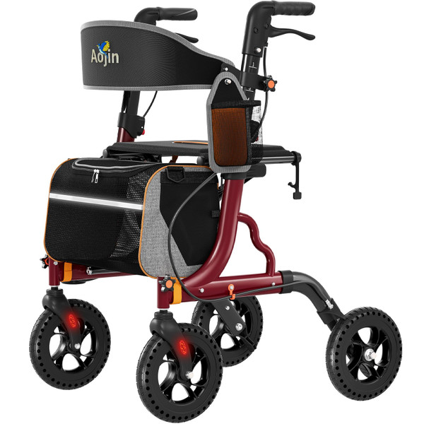 Aojin Rollator Walker for Seniors with Seat, Lightweight & Foldable, 8" All-Terrain Wheels, 18" Big Seat, 6-Level Adjustable Height Rolling Walker, 350 lb Capacity, Burgundy