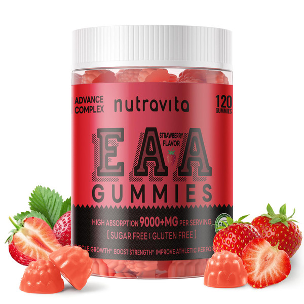 Nutravita EAA Gummies 120 Gummies (Strawberry), 9000 mg Essential Amino Acids - All 9 Essential Aminos (EAA) and All Branched-Chain Aminos (BCAAs), Non-GMO, Gluten Free, Vegetarian Friendly