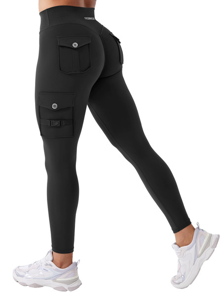 YEOREO CoreFlex Gym Workout Cargo Leggings with Pockets for Women Hidden Scrunch Butt Lifting Yoga Leggings Black M