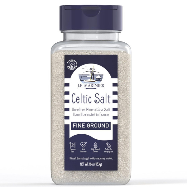 Le Marinier Celtic Salt Organic Fine Ground, 1 lb - 16oz. Mineral Rich 100% Natural and Unrefined. Refillable Salt Shaker. French Sea Salt with Vital Minerals. Hand Harvested (1 lb Fine Ground)
