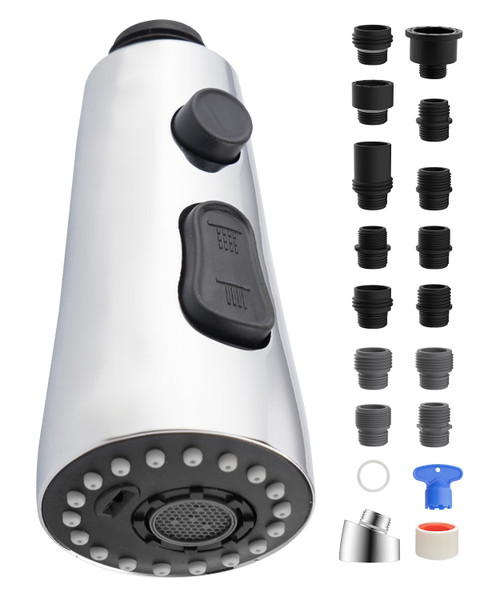 Stainless Faucet Head Replacement Pull Down Kitchen Faucet Head with 15 Adapters, 3 Water Modes Kitchen Sink Faucet Sprayer Head, Chrome Finish Stainless Faucet Head Replacement Pull Down Kitchen Faucet Head with 15 Adapters, 3 Water Modes Kitchen Sink Faucet Sprayer Head, Chrome Finish