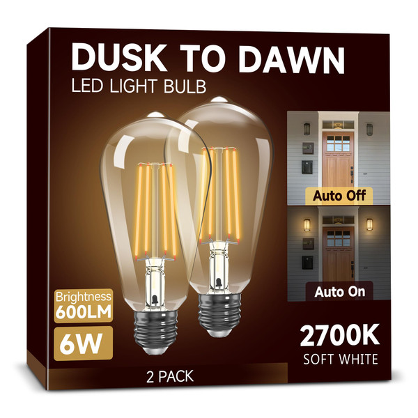 UNILAMP Dusk to Dawn Light Bulbs, Outdoor Light Bulbs, ST64 6W Equivalent 60W, 2700K Soft White, 600LM LED Outdoor Lighting, E26 Base, Photocell Sensor, Auto On/Off Bulb for Porch Patio Garage, 2 Pack