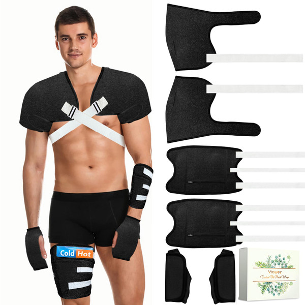 Viowey Castor Oil Pack Wrap for Men Plus Size, 8 PCS Reusable Castor Oil Wraps for Shoulder Knee Hand, Flannel Cotton, Machine Washable (Black)