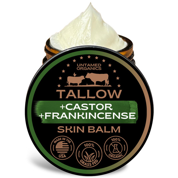 Untamed Organics Handmade Tallow, Castor Oil, and Frankincense Oil Skin Balm - 100% Grass-Fed Tallow for Skin Care - Face & Body Moisturizer for Sensitive Skin, Eczema All-Purpose Balm - 2 FL. oz.