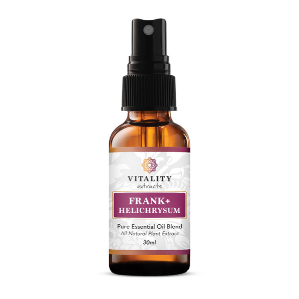 Vitality Extracts Frank+ Helichrysum Essential Oil Blend - 30ml Spray Bottle, Frankincense Boswellia Seratta, Aromatherapy, Soft Skin, Relief from Daily Aches & Soreness, Natural