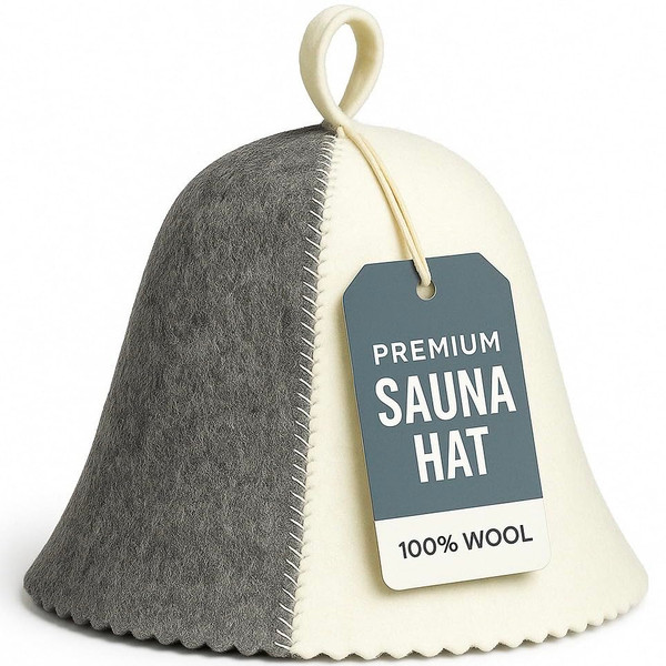 Premium Sauna Hat – 100% Natural Wool, Handmade Sauna Headwear for Men and Women – Eco-Friendly, Breathable, Insulating Hat for Sauna, Steam Room, Banya, and Bathhouse – One Size Fits All, White-Grey