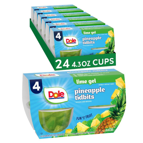 Dole Fruit Bowls Pineapple in Lime Flavored Gel Snacks, 4oz 24 Total Cups, Gluten & Dairy Free, Bulk Lunch Snacks for Kids & Adults
