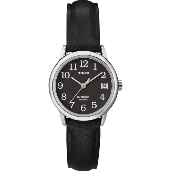 Timex Women's Easy Reader 25mm Watch – Silver-Tone Case Black Dial with Black Leather Strap