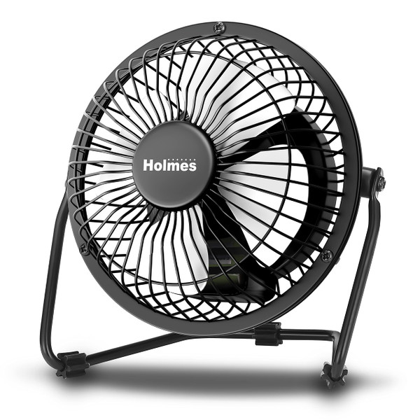 HOLMES 4" Mini High-Velocity Personal Desk Fan, 4 Blades, Adjustable 360° Head Tilt, Durable Metal Construction, Single Speed, Ideal for Home, Dorm Rooms, Bedrooms, or Offices, Black