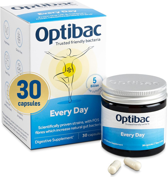 OptiBac Probiotics for Digestive Health, 30 Capsules | 6 Scientifically Researched Strains with 5 Billion Live Cultures | Gluten Free & Vegetarian | Supports Gut Flora & Digestive Health