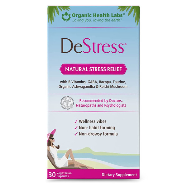 DeStress All-Natural: Veggie Capsules, with B Vitamins, Magnesium, Ashwagandha and L-Theanine Supplement, Anxiety Relief, 30 Veggie Capsules, Stress Relief Supplement Organic Health Labs