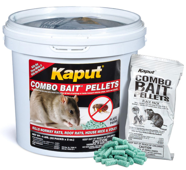 Kaput Combo Bait Pellets, Rat Bait to Kill Rodents & Fleas, Norway, House Mice, & Pine Voles - Includes Warfarin & Imidacloprid for Effective Pest Control (32 x 2oz Place Packs)