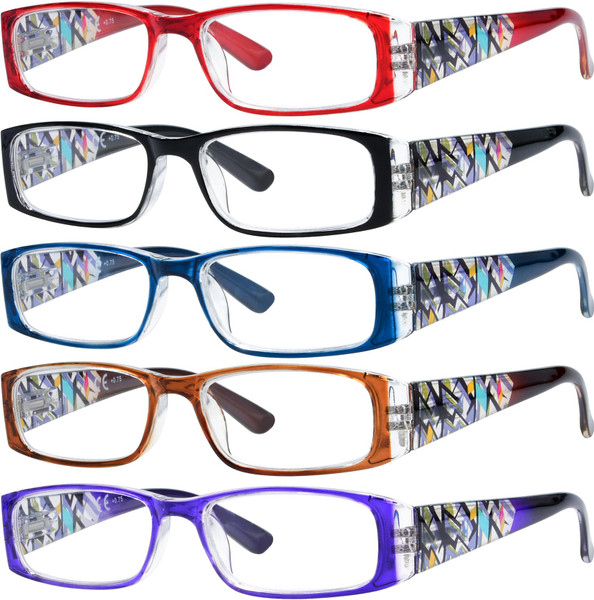 Eyekepper 5-Pack Stylish LookCrystal Aeropittura Arms Spring Hinges Womens Reading Glasses +1.25