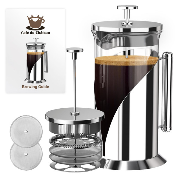 Cafe Du Chateau Stainless Steel French Press Coffee Maker 34 oz - Easy to Use Insulated Coffee Press with 4-Level Filtration, Manual Brewer for Tea, Camping & Travel with BPA Free, Durable Clear Glass