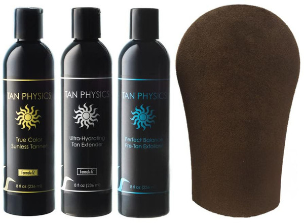 Tan Physics True Color Sunless Tanner, Exfoliator & Tan Extender 8oz with Tanning Mitt – Self-Tanning Lotion – Streak-Free, Natural Glow – Long-Lasting, Fast-Absorbing Formula