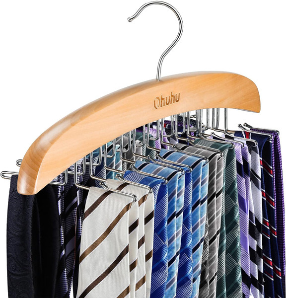 Ohuhu 24-Hook Wooden Tie Rack Organizer - Space Saving Closet Hanger with 360° Rotating Hooks, Anti-Slip Clips for Ties, Belts, Scarves - Premium Hardwood & Rustproof Steel Construction