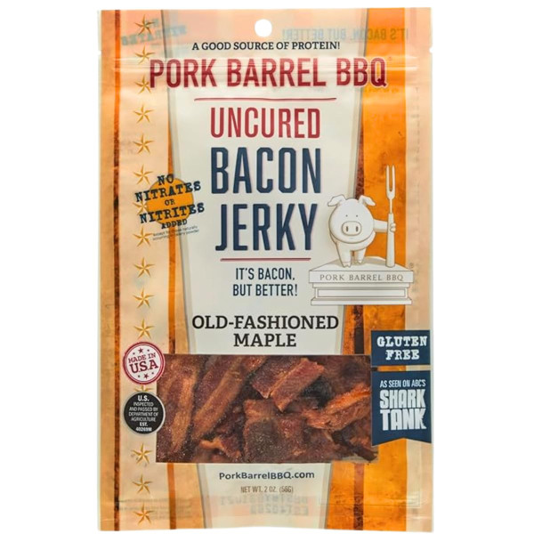 Pork Barrel BBQ Old-Fashioned Maple Bacon Jerky - Uncured Snacks, Sweet Maple and Brown Sugar with Smoky, Slow Cooked Bacon, Nitrate and Nitrite Free, Gluten Free Protein Snack, 2 oz