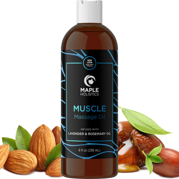 Muscle Massage Oil for Body - Relaxing Massage Oil with Lavender Lemon and Rosemary Essential Oils for Muscles and Joints - Gentle Moisturizing and Warming Formula for Pro or Home Use (8 Fl Oz)