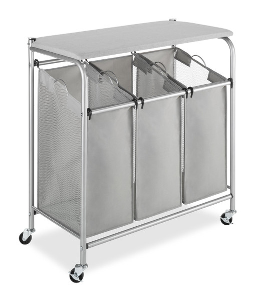 Whitmor 3 Section Rolling Laundry Sorter with Folding Station - Ironing Board, Chrome / Gray