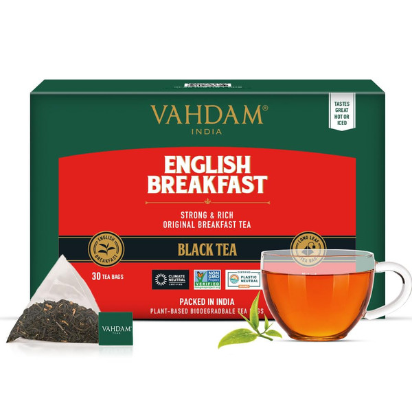 VAHDAM, English Breakfast Black Tea Bags (30 Count) High Caffeine | Strong, Robust & Flavoury | Individually Wrapped Pyramid Tea Bags | Full Bodied Black Tea Leaves