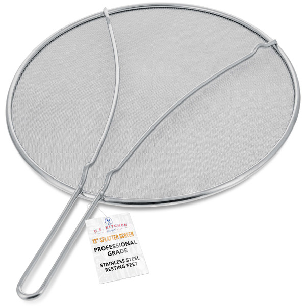 U.S. Kitchen Supply Stainless Steel Splatter Guard 13" Fine Mesh Cover, Grease & Oil, Splatter Screen for Frying Pan, Cooking Pots, with Resting Feet