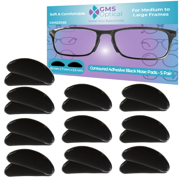 GMS Optical 2.5mm Thick/19mm Long Length - Anti-Slip Adhesive Contoured Soft Silicone Eyeglass Nose Pads with Super Sticky Backing for Glasses, Sunglasses, and Eye Wear (5 Pair)(Black)