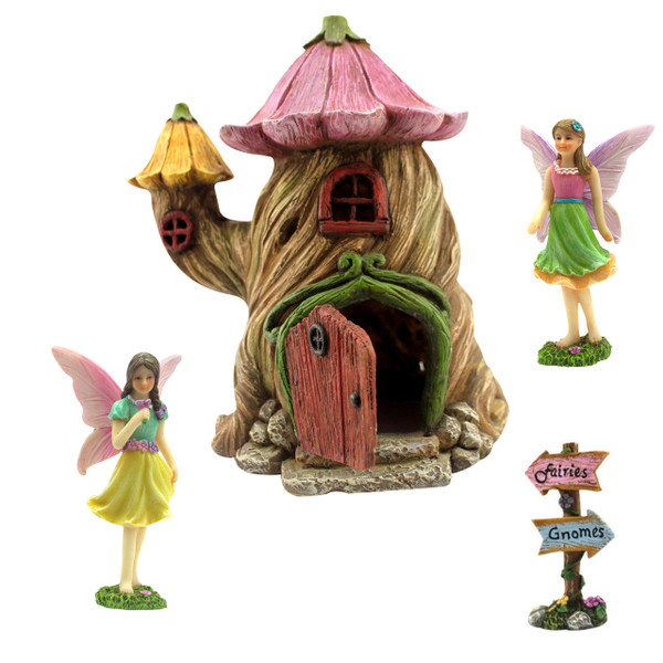 PRETMANNS Fairy House Kit - Fairy Garden Accessories for Outdoor Miniature Village Decor, with Fairies & Sign - Flower Stump House, 7" High & Door can Open Wide - 4 Piece Supplies