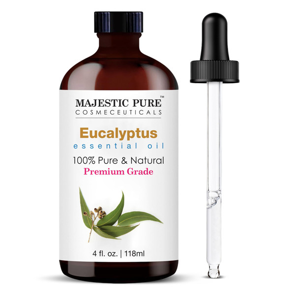 Majestic Pure Essential Oil with Glass Dropper - 100% Pure and Natural - Essential Oils for Diffuser, Aromatherapy, Soap and Candle Making, Eucalyptus Essential Oil, Eucalyptus Oil, 4 Fl Oz