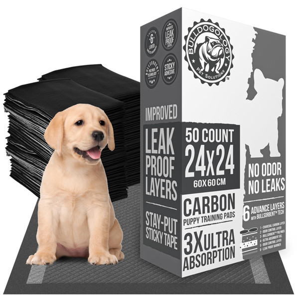 Bulldoglogy 50-Count Carbon Black Dog Pads Puppy Training Pads with Adhesive Tape 24x24 - Large Charcoal Puppy Pads Dog Training Wee Pads, Odor Control Thick Pee Pads for Dogs Extra Quick Dry