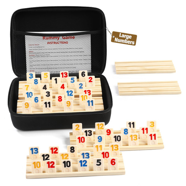 Rummy Cube 6 Player Edition with 6 Wooden Racks/Trays, 160 Large Numbers Rummy Tiles Set with Zippered Case, Rummy Travel Game Set with 6 Tiles Holders - Classic Board Games for Family Adults Kids