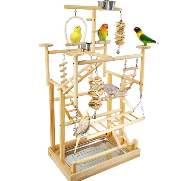 LIMIO Bird Playground - Natural Wood Parrot Playstand with Perches, Bird Play Gym & Accessories, Removable Tray & 4 Stainless Steel Cups