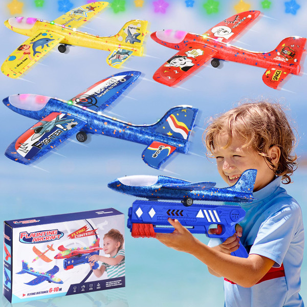 Airplane Launcher Toy - 3 Pack Foam Airplane Toy | 2 Flight Modes Glider Catapult Plane Toy Outdoor Sport Flying Toys Ideal Gift for Kids 3 4 5 6 7 8 9 10 11 12 years with 3 Sets of DIY Stickers