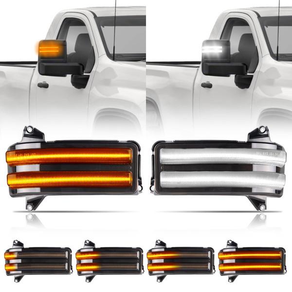 Gempro LED Sequential Amber Side Mirror Marker Turn Signals White Parking Cargo Lights Switchback Tow Mirror Lamps for 2020-2024 Chevy Silverado/GMC Sierra 2500 3500, Smoked Len
