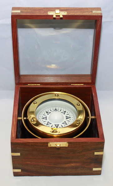 Gimbaled Brass Nautical Compass in Wood Box w/ Glass Top Gimbaled Brass Nautical Compass in Wood Box w/ Glass Top