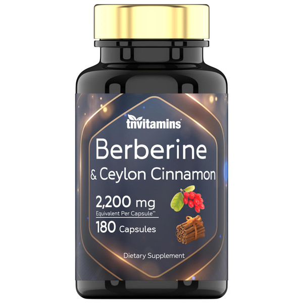 Berberine with Ceylon Cinnamon: 2200 mg Per Capsule - 180 Capsules | Natural Berberine Supplement for Cardiovasular & Circulatory System Health* | 6 Month Supply | Made in The USA!