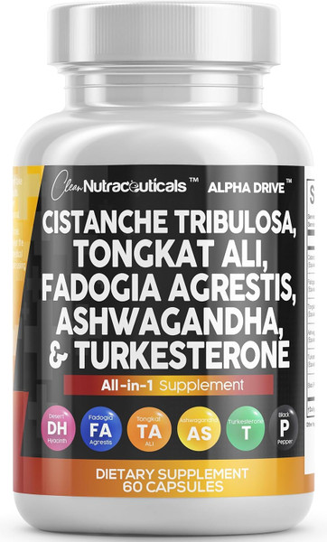 Clean Nutra Cistanche Tribulosa Fadogia Agrestis Tongkat Ali Turkesterone Pills Ashwagandha Capsules Supplement for Men - 60 Count
