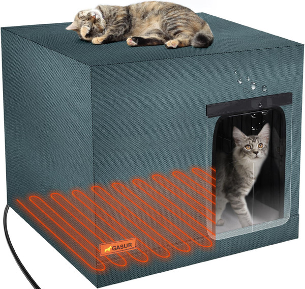 GASUR Large Heated Cat House for Outside Winter, 100% Waterproof Outdoor Cat House w/Cat Heating Pad, Insulated Cats Houses Outdoor w/Highly Elevated Base, Warm Cat Shelter for Outside Stray Barn