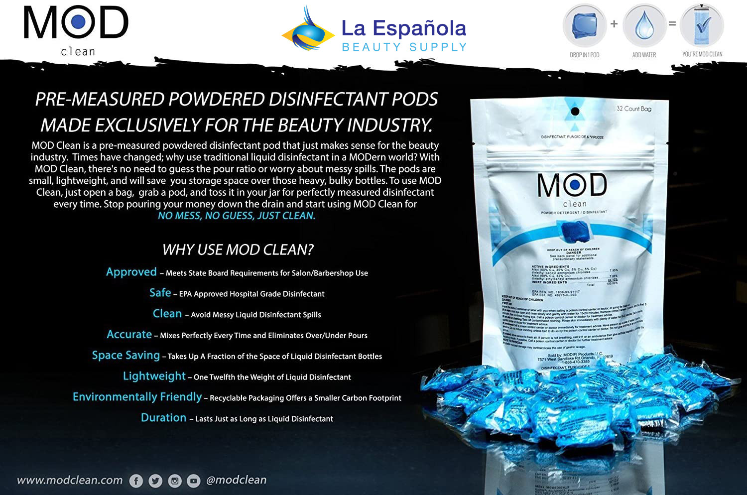 MOD CLEAN POWDER DETERGENT DISINFECTANT DESINFECTANTE BAG 32 COUNT BAG 4 OZ