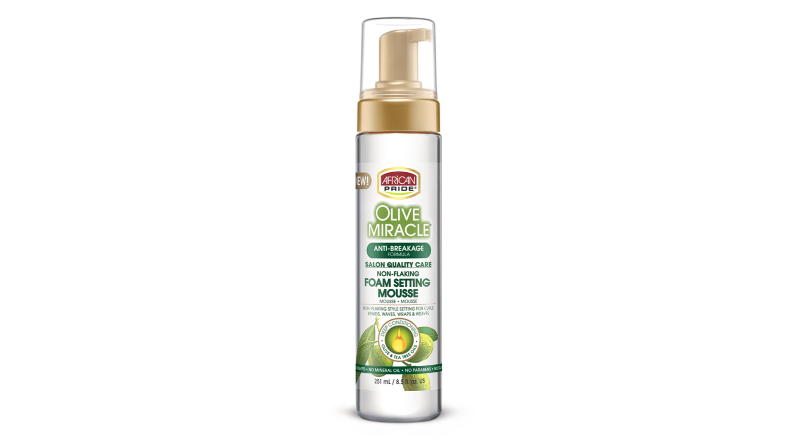 AFRICAN PRIDE OLIVE MIRACLE FOAM SETTING MOUSSE ANTI BREAKAGE FORMULA DEEP CONDITIONING OLIVE & TEA OILS 8.5 OZ