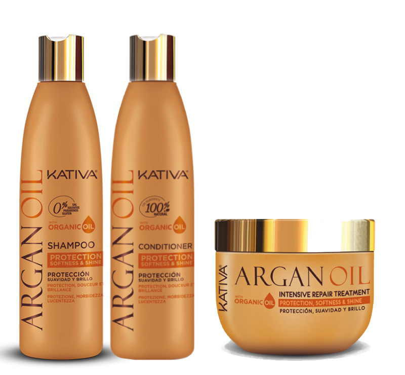 KATIVA ACEITE DE ARGÁN KIT CHAMPÚ, 
ACONDICIONADOR & TRATAMIENTO