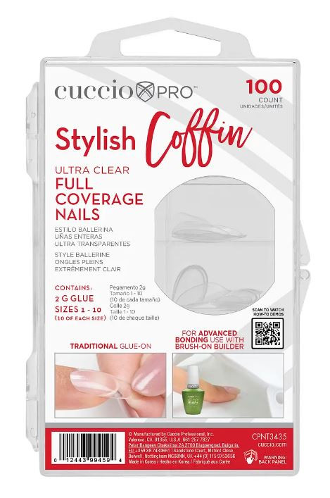 CUCCIO PRO STYLISH COFFIN ULTRA CLEAR FULL COVERAGE NAILS PK100