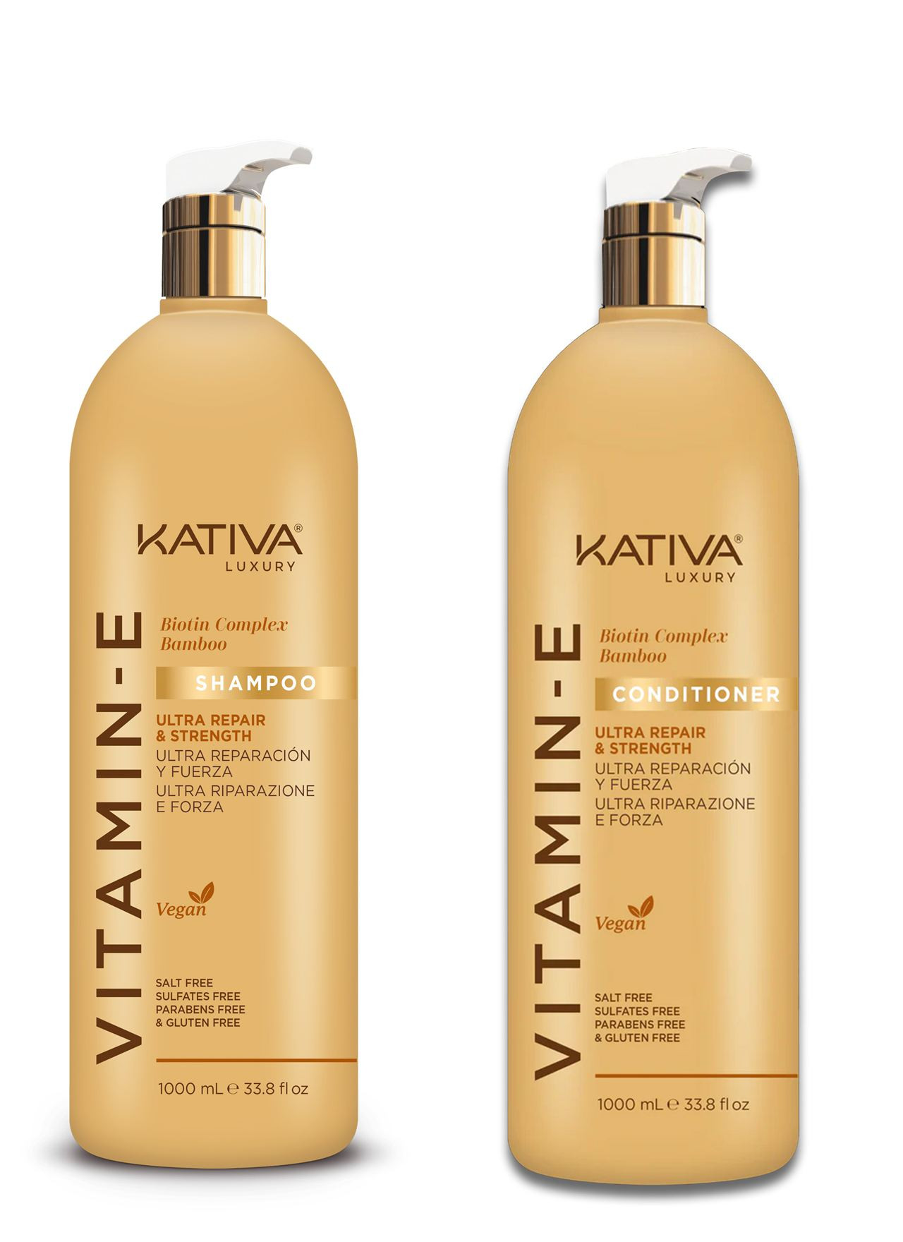 KATIVA LUXURY VITAMIN E CHAMPÚ, 
ACONDICIONADOR ULTRA REPARACIÓN & FUERZA