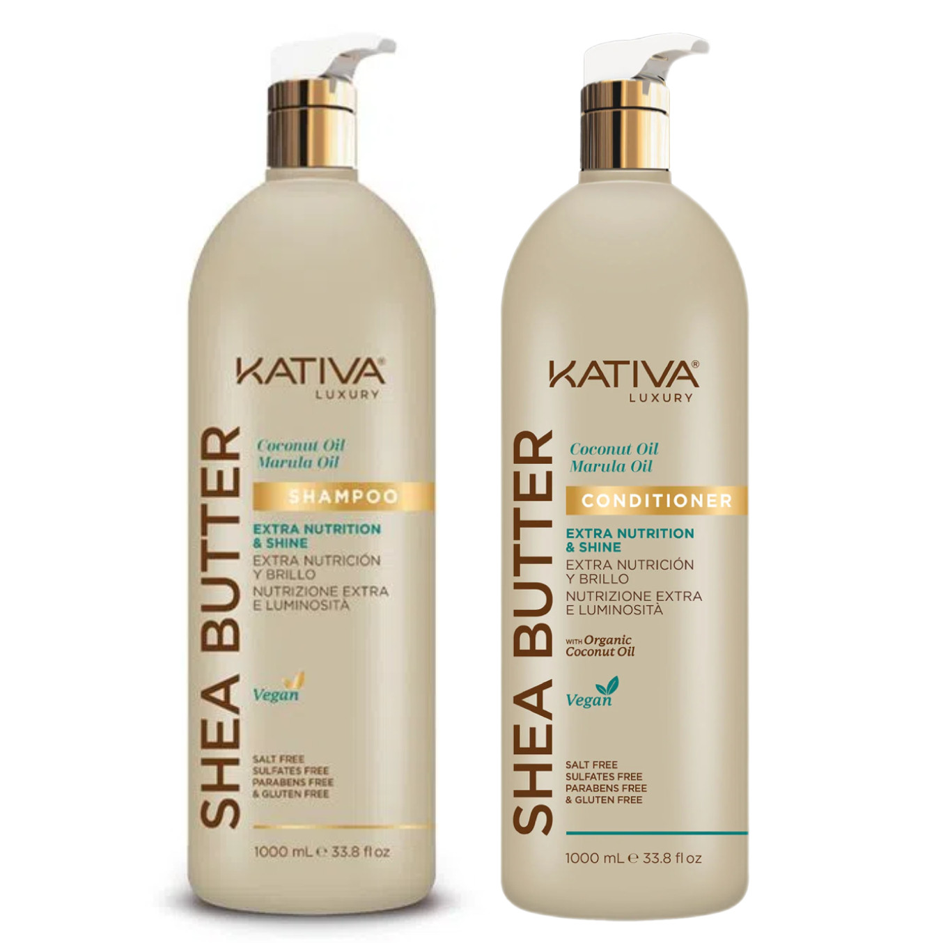 KATIVA LUXURY SHEA BUTTER  CHAMPÚ, 
ACONDICIONADOR EXTRA NUTRICIÓN & BRILLO