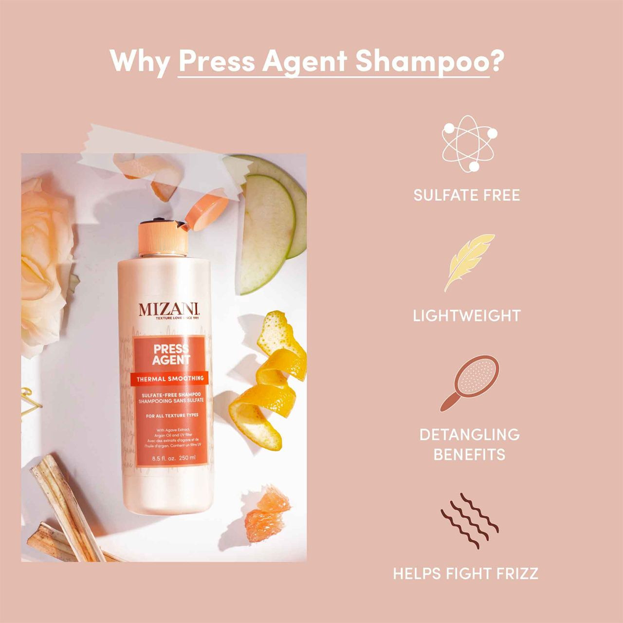 MIZANI PRESS AGENT THERMAL SMOOTHING SHAMPOO FOR DRY, FRIZZY HAIR 8.5 OZ