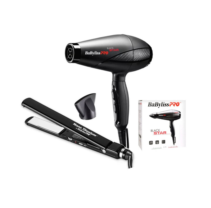 BABYLISS PRO BLOWER BLACK STAR 6200 2000 WATTS Y PLANCHA 1.5"NANNO TITANIUM