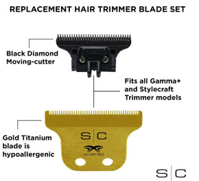 STYLECRAFT REPLACEMENT FIXED GOLD TITANIUM X-PRO HAIR TRIMMER BLADE WITH BLACK DIAMOND CARBON DLC DEEP TOOTH CUTTER SET