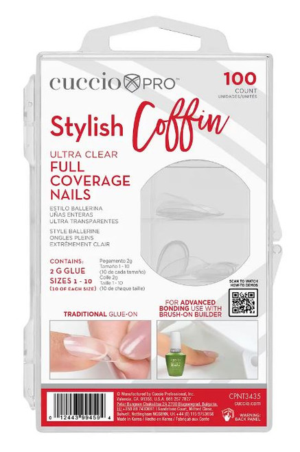 CUCCIO PRO STYLISH COFFIN ULTRA CLEAR FULL COVERAGE NAILS PK100 CUCCIO PRO STYLISH COFFIN ULTRA CLEAR FULL COVERAGE NAILS PK100