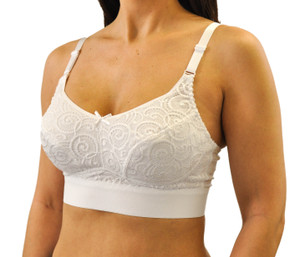 Nearly Me White Soft Lace Full Coverage Post Mastectomy Lumpectomy Pocket Bra  Anna #5628- wide band Bra for Inserts