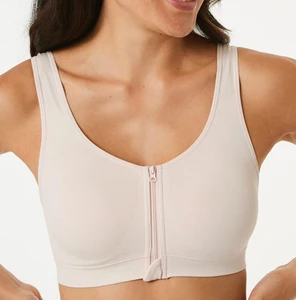 Beige seamless stretch bra with front closure, breathable anti-bacterial fabric, non-adjustable straps, and a comfortable A–D cup fit. Available in sizes S to XXXL.